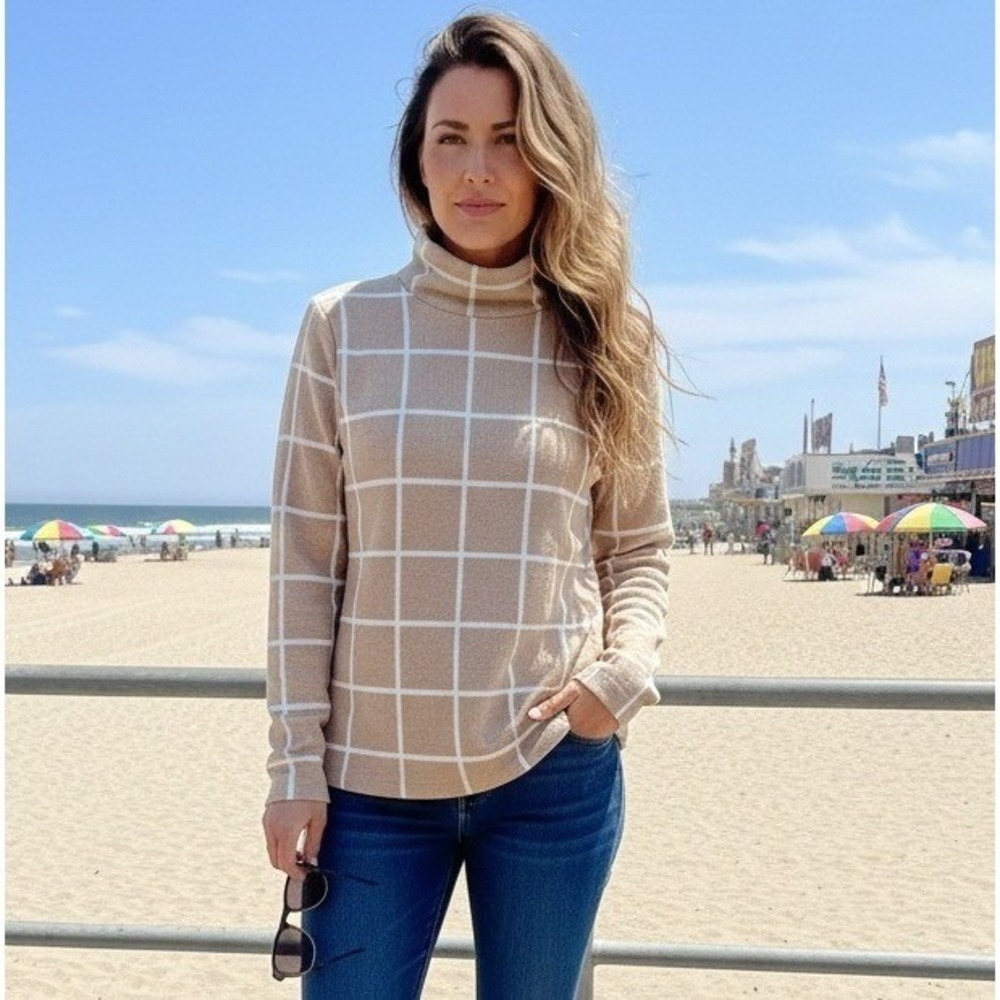 J. Crew Top Women's Size M Grid Check Long Sleeve Turtleneck Pullover Tan White